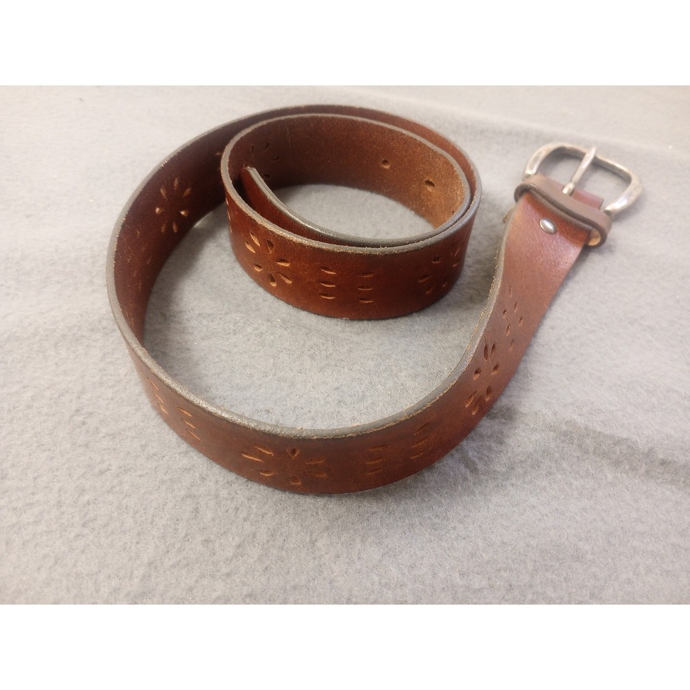 GAP Warped Brown Genuine Cow Leather Belt USA Women's Size M 36 Floral Cut Out